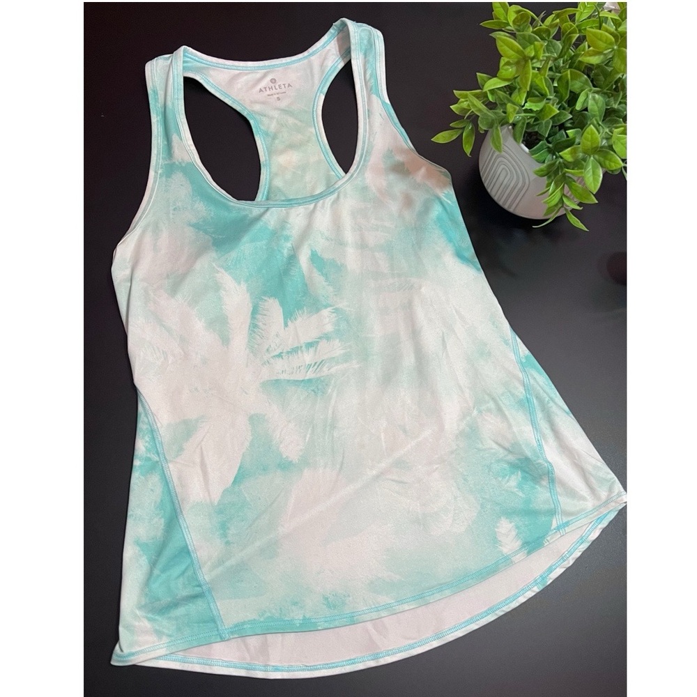 NWOT Athleta Tie Dye Teal and White Palm racerback tank top Size Small